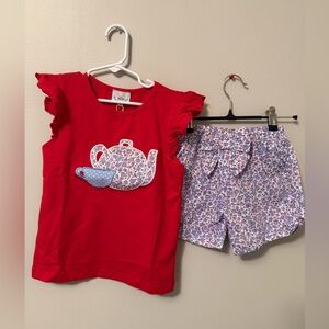 Busy Bees Smocks Red Shirt with Tea Cup with Matching Shorts